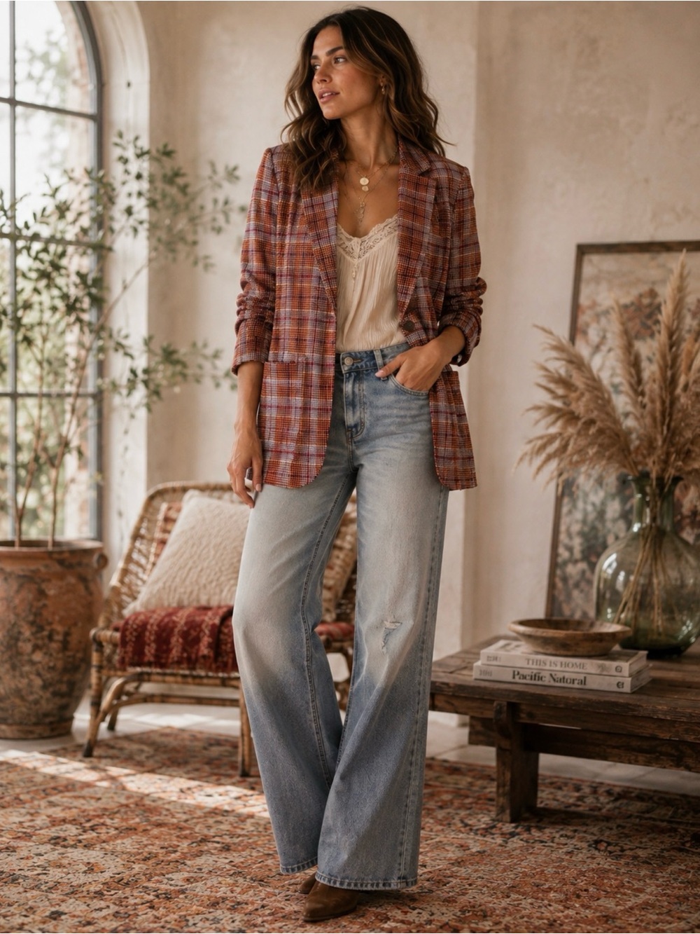 Free People Simply Plaid Blazer Pomegranate Linen Blend Size XS